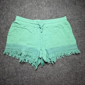 Harmony + Havoc Womens Shorts (Size M) Teal Pull On Elastic Waist Lace & Fringed